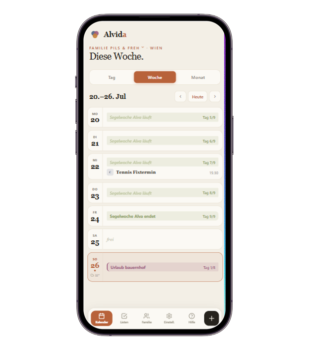 Alvida: Familien-Kalender mit Wochenübersicht und Termin-Management