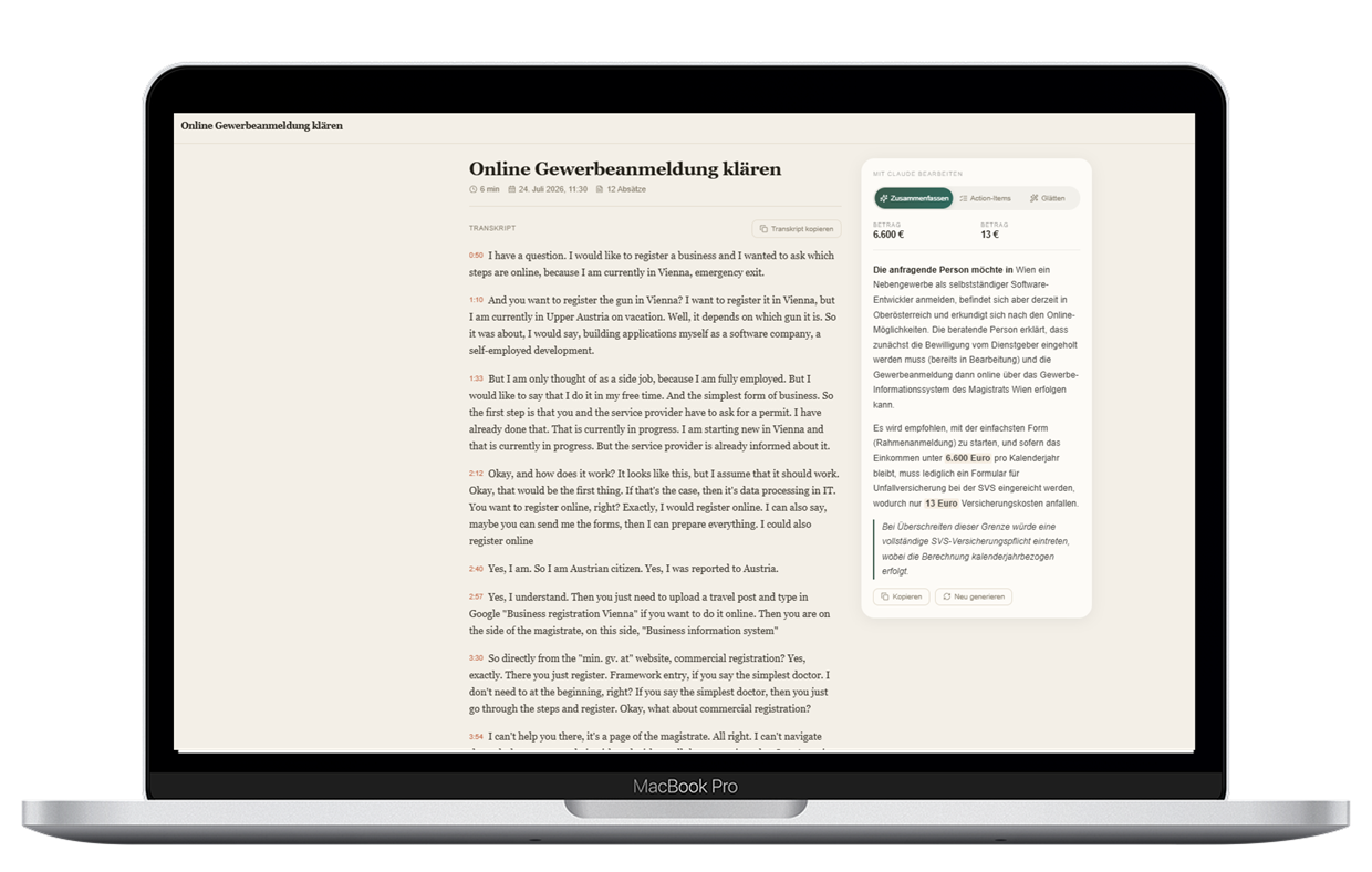 MyPocket: Gesprächsnotizen aus Audio-Aufnahmen mit Claude-Analyse